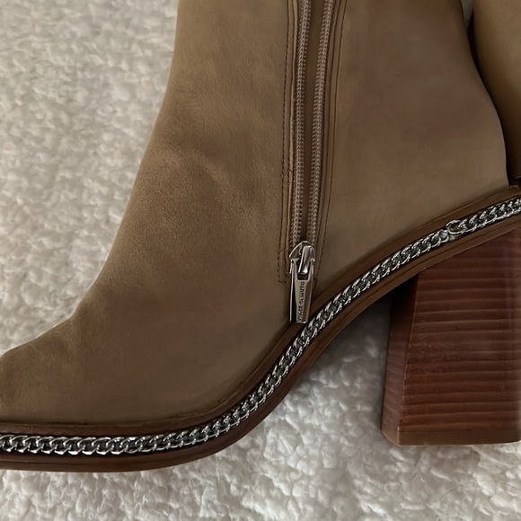 Vince Camuto Suede Peep Toe Bootie with Silver Link Chain - Picture 3 of 5